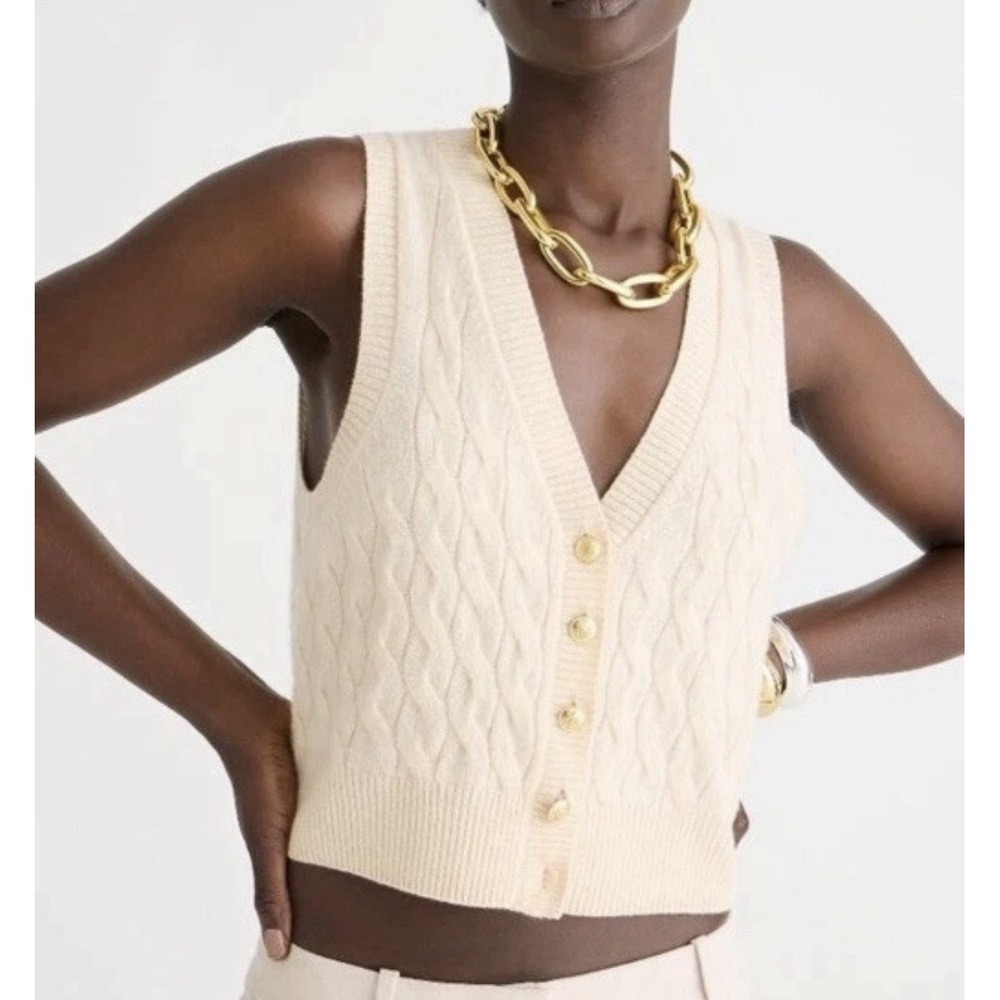 J. Crew Cashmere Cropped Cable-Knit Sweater Vest Buttercream XL Quiet Luxury